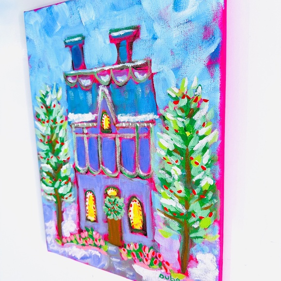 Original Holiday Painting Decorative Christmas House Whimsical Landscape 9"x12" - Picture 4 of 10